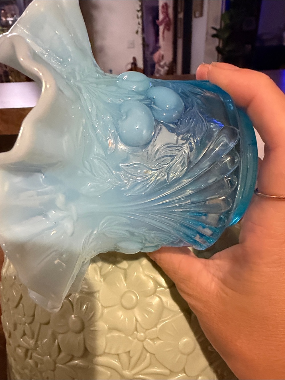 Blue Ruffled Milk Glass Vase - Vintage-Style CHERRY FENTON GLASS - Picture 3 of 4